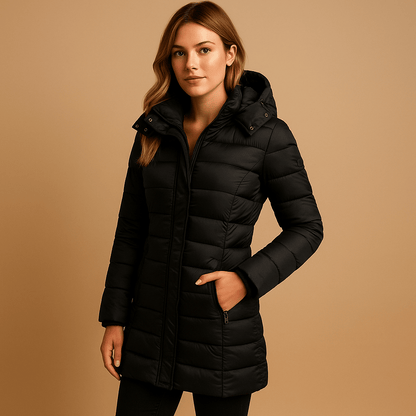Alecia | Chaqueta acolchada de invierno de largo medio con capucha para mujer