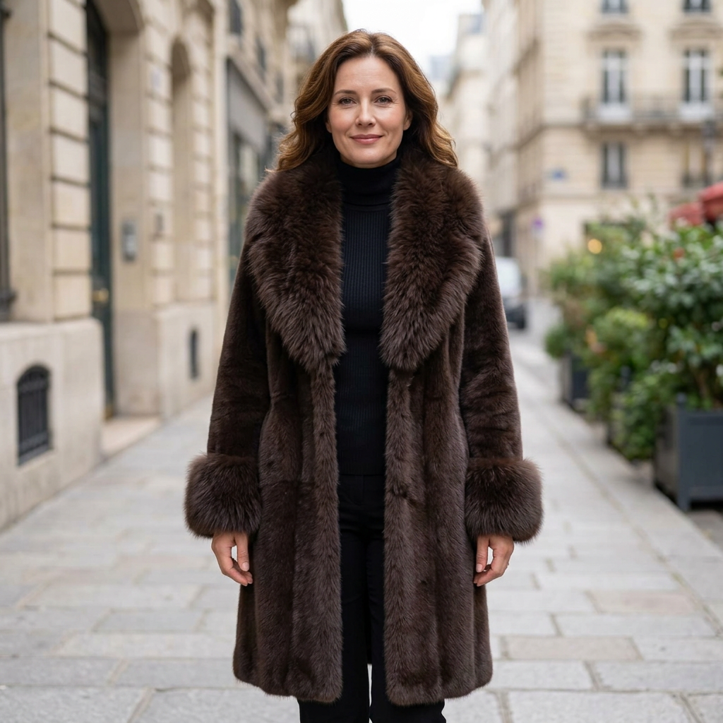 Dark brown coat on a European woman on a sidewalk