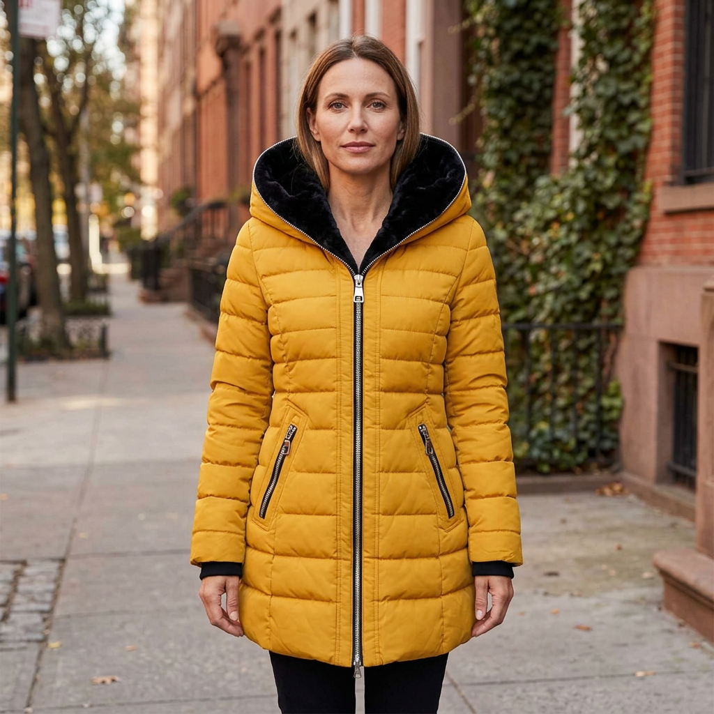 European woman wearing the mustard yellow jacket on a sidewalk