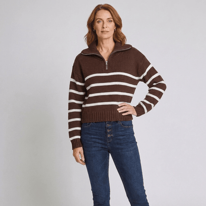 Rena | Women's Striped Half-Zip Funnel-Neck Jumper