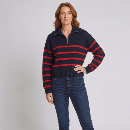 Rena | Women's Striped Half-Zip Funnel-Neck Jumper