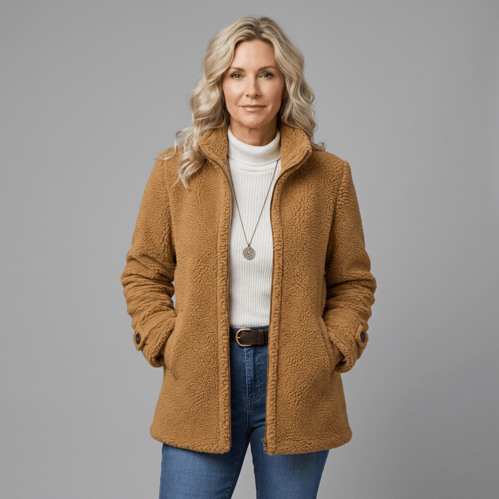 Camel fleece jacket, studio view