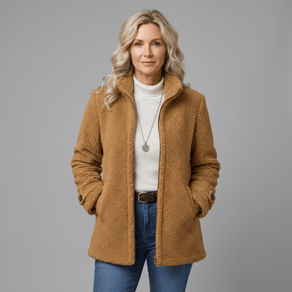 Camel fleece jacket, studio view