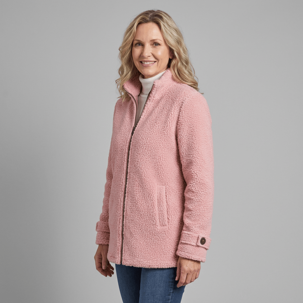Pink fleece jacket, angled studio view