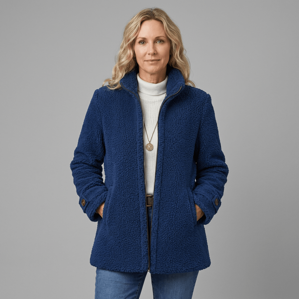 Navy fleece jacket, studio view