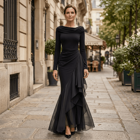 Matilda black maxi dress, front view on a city sidewalk