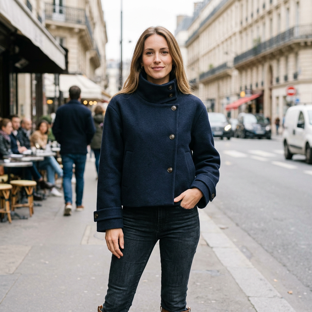 Navy coat on a city sidewalk