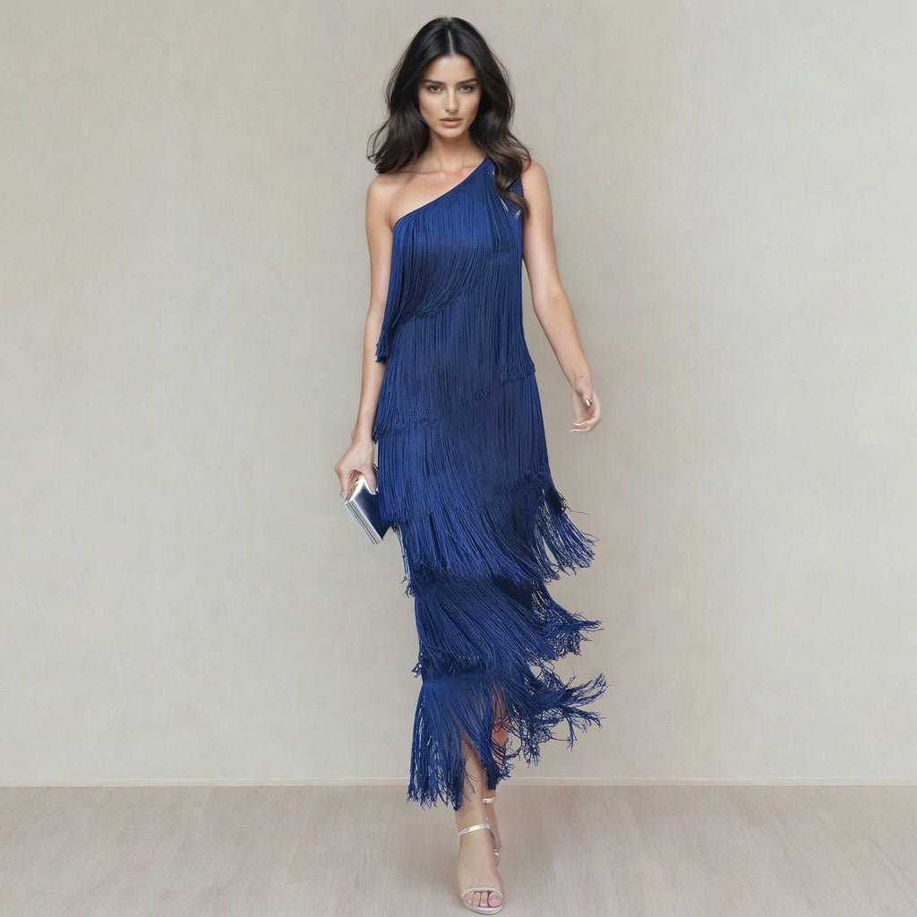 Zoie | Vestido largo con flecos y un hombro al descubierto para mujer