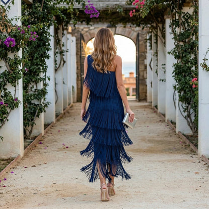 Zoie | Vestido largo con flecos y un hombro al descubierto para mujer