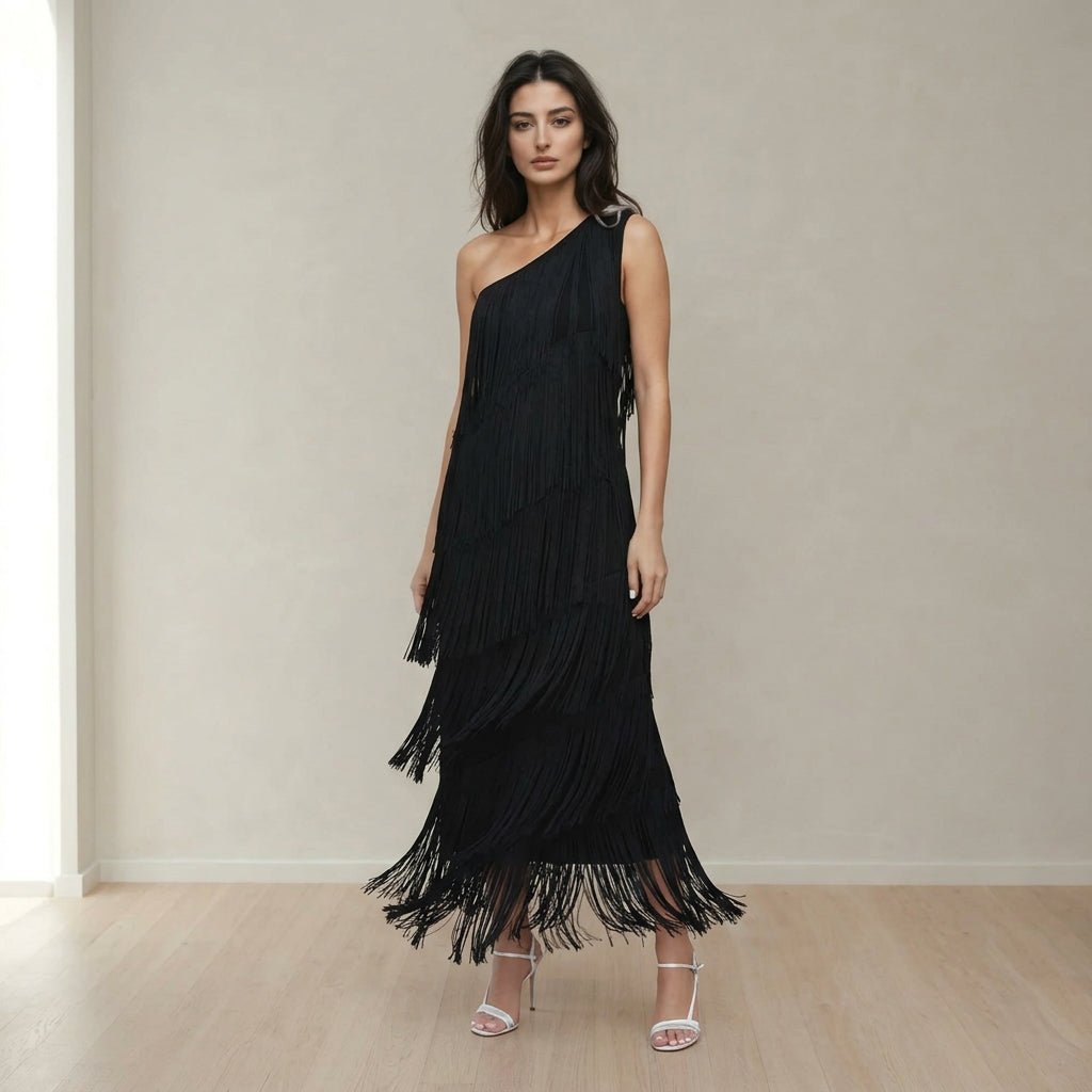 Zoie | Vestido largo con flecos y un hombro al descubierto para mujer