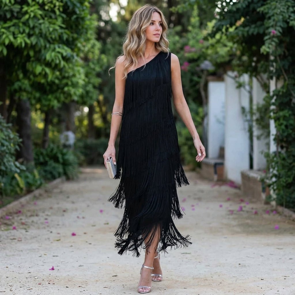 Zoie | Vestido largo con flecos y un hombro al descubierto para mujer