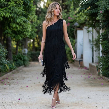 Zoie | Vestido largo con flecos y un hombro al descubierto para mujer