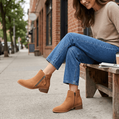 Tan boots sidewalk image